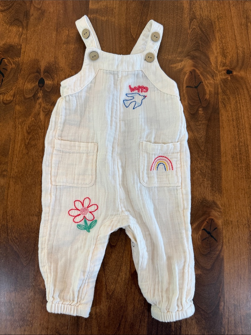 Old Navy White Baby Overalls with Rainbow, Flower & Bird Embroidery